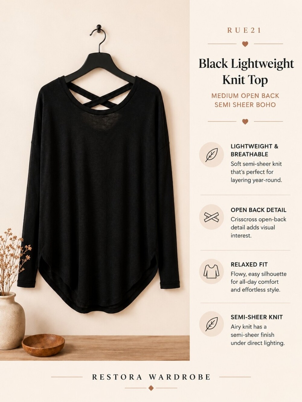Rue21 Open Back Knit Top Black Semi Sheer Long Sleeve M Boho